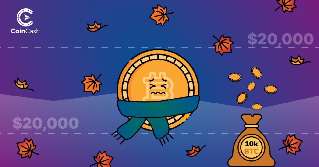 Egy fázós arckifejezésű, sálat viselő BTC érme, körülötte hulló falevelekkel, és egy 10 000 BTC feliratú pénzes zsákkal, amiből kijönnek érmék